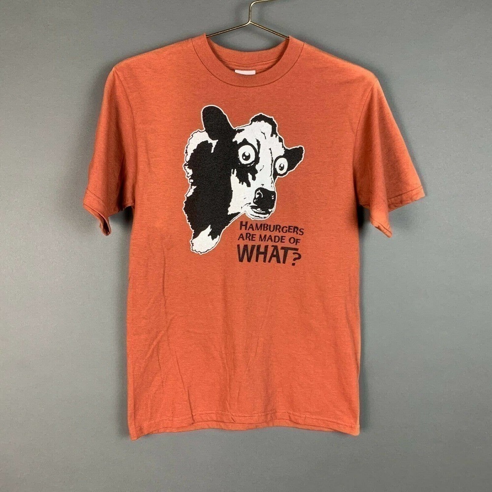 Vintage Anvil Hamburgers Are Made Of What Tee T-Shirt Orange Novelty Size Small
